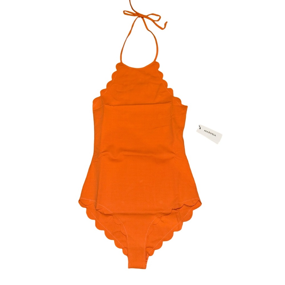 Marysia Swim Orange Scalloped Halter One-Piece Swimsuit